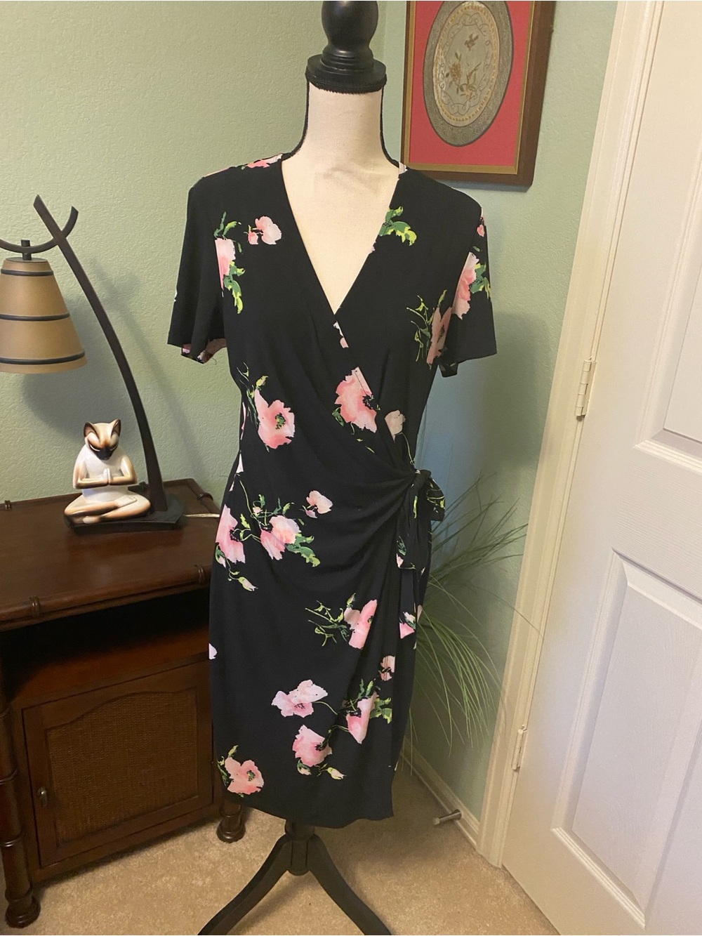 Anne Klein Black Floral Wrap Midi Dress with Pink Blooms